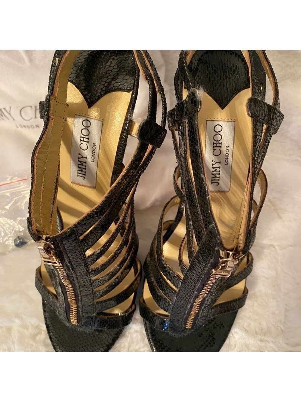 JIMMY CHOO Black GLENYS Gladiator Multistrap Caged Sandals SZ8 Vintage NEW - Picture 8 of 16